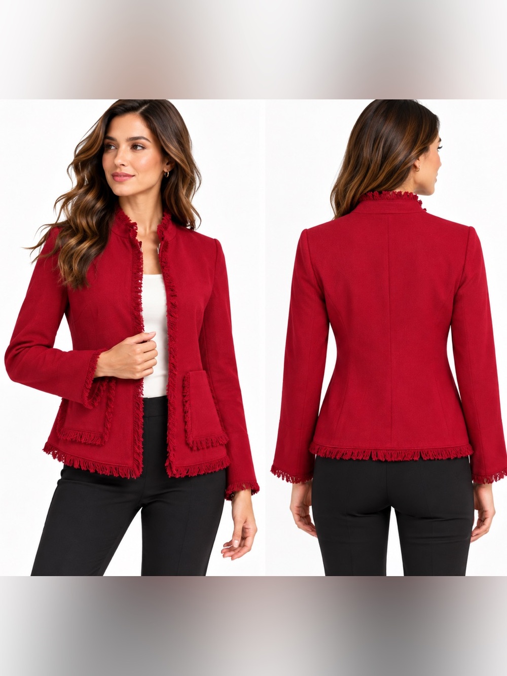 Harvé Benard Women’s Size 8 Red 98% Wool Fringe Trim Jacket Blazer